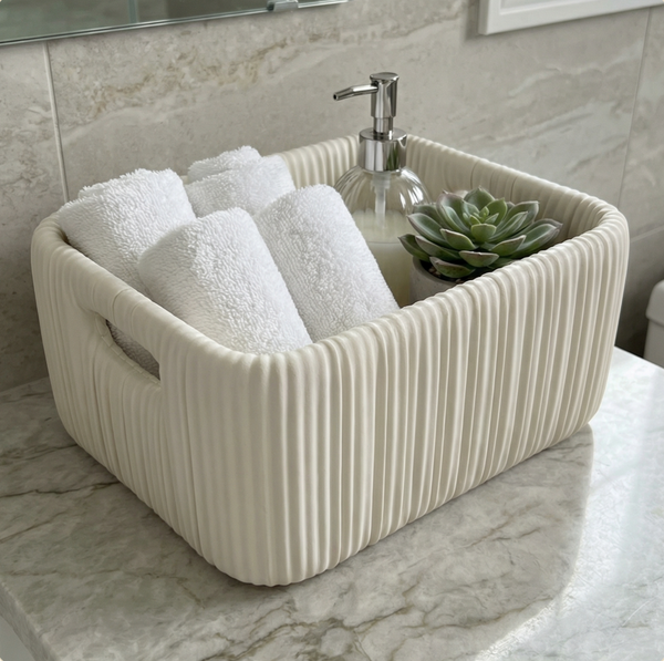 Modern Ribbed Storage Basket with Handles | Minimalist Bathroom Organizer